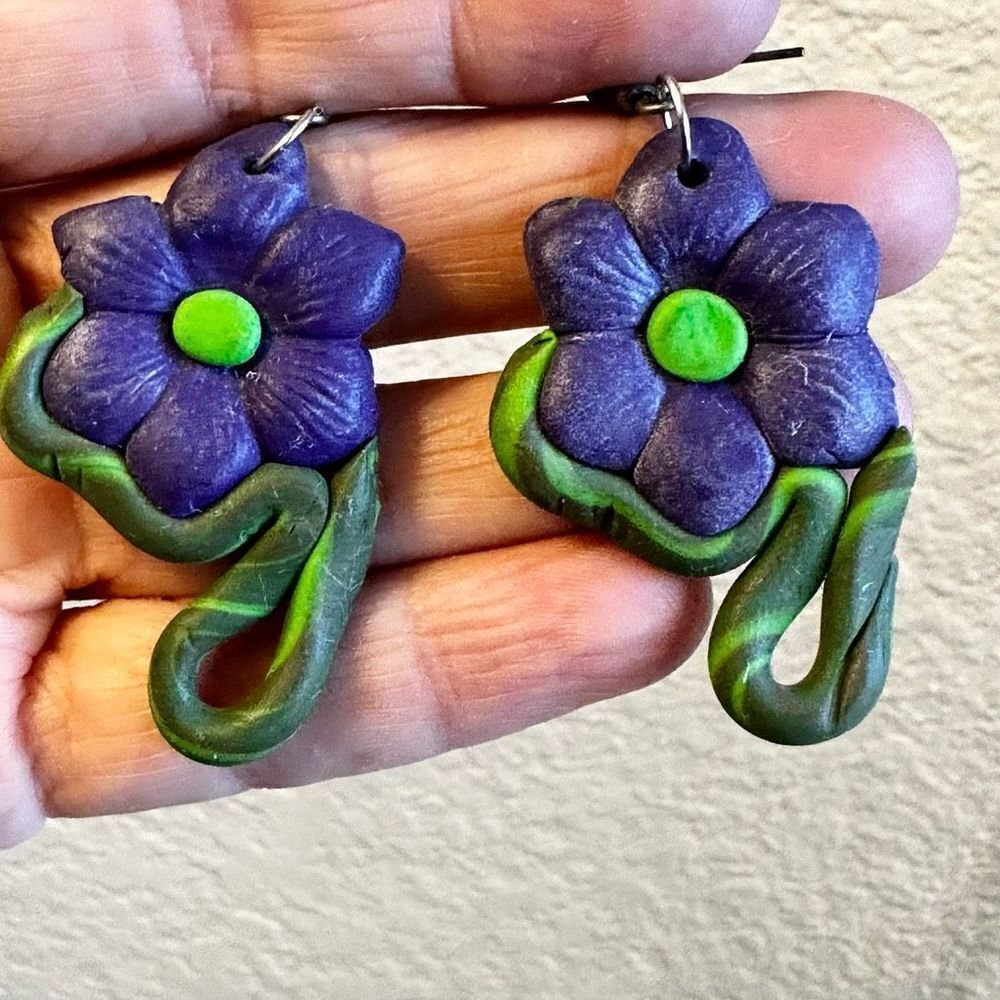 Handmade clay purple flower earrings